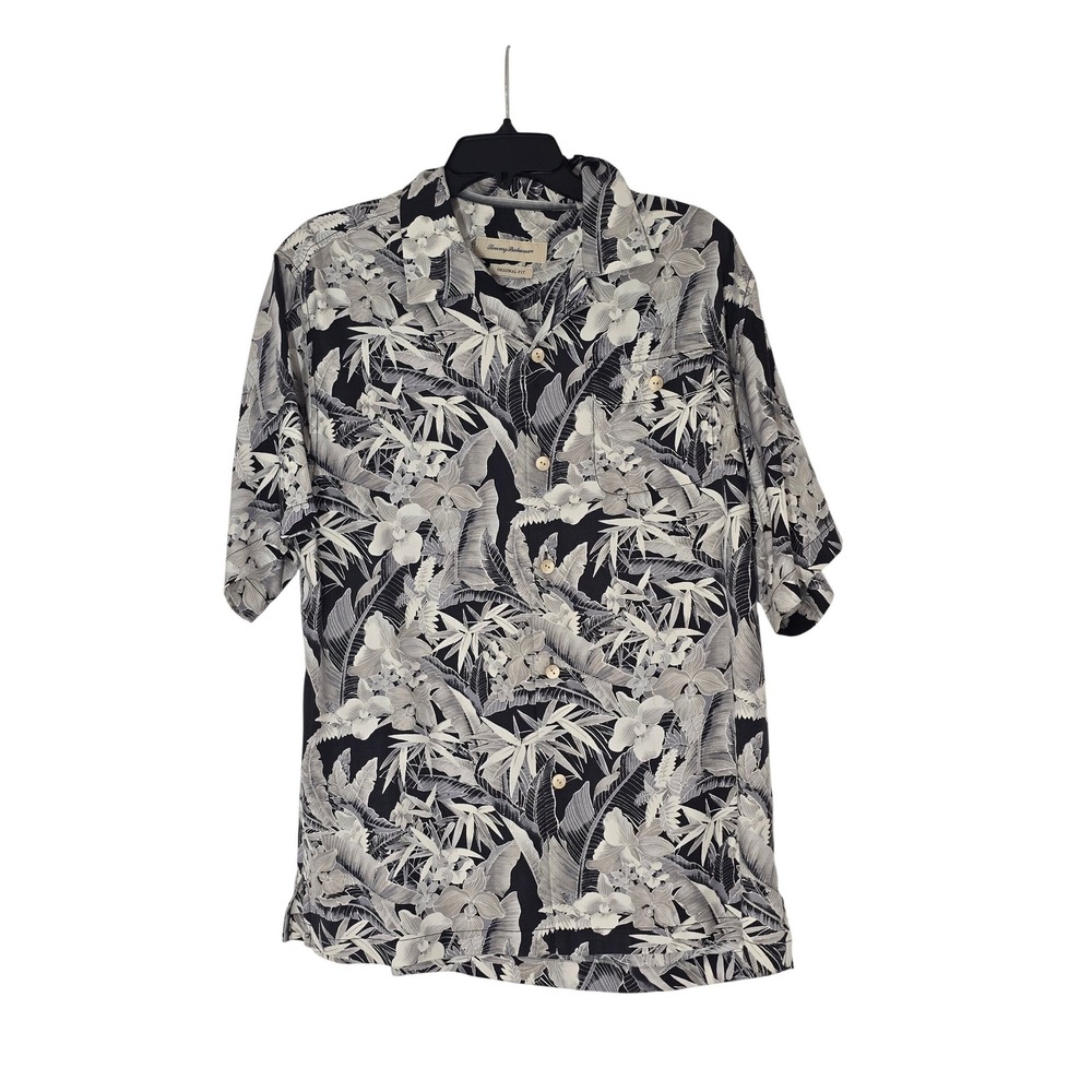 Tommy Bahama Mens Silk Blend Tropical Floral Palm Print Camp Shirt Black Gray M